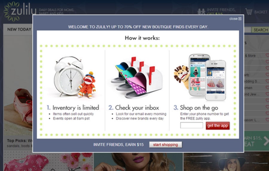 Intelligentes Pop-up bei Zulily