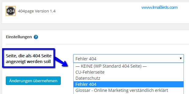 404page-Plugin 404page-Plugin zeigt die gewünschte Seite als Fehlerseite an.