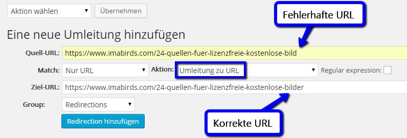 301-Umleitung mit dem Redirection-Plugin 301-Umleitung mit einem WordPress Plugin