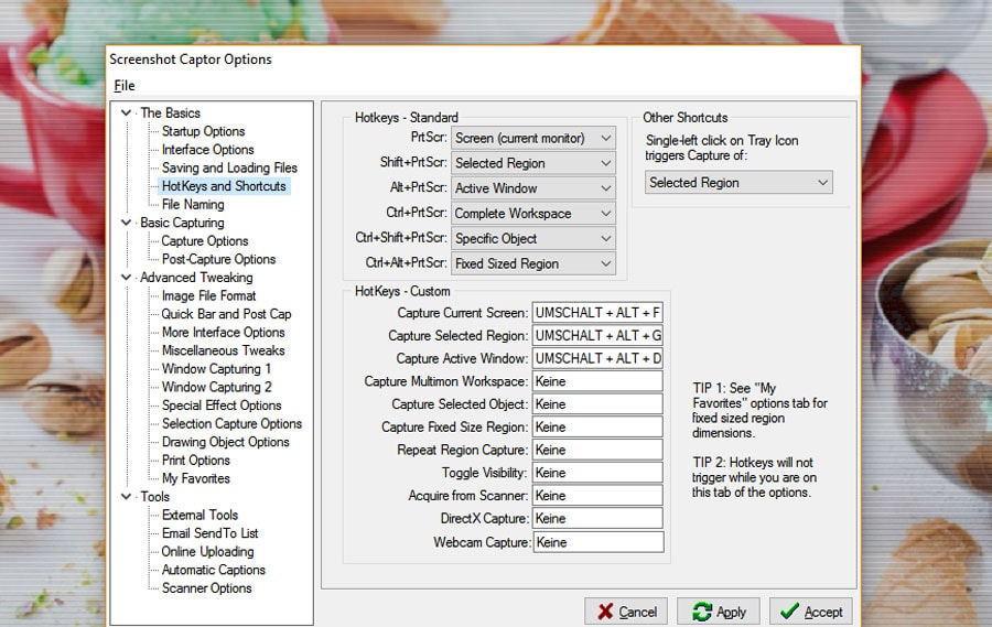 Hotkeys anlegen beim Screenshot Captor