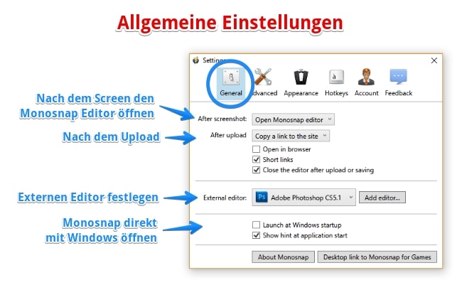 Monosnap Screenshot-Tool Allgemeine Einstellungen Monosnap Screenshot-Tool Allgemeine Einstellungen konfigurieren