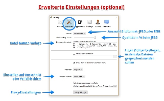 Monosnap Screenshot-Tool Erweiterte Einstellungen (optional) Monosnap Screenshot-Tool Erweiterte Einstellungen