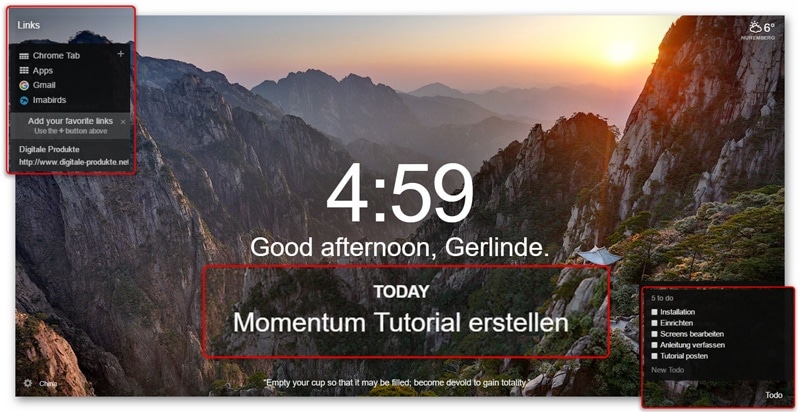 Momentum - Tagesziel und einzelne Zwischenziele2 Tagesziel, Zwischenziele und Links in Momentum hinterlegen