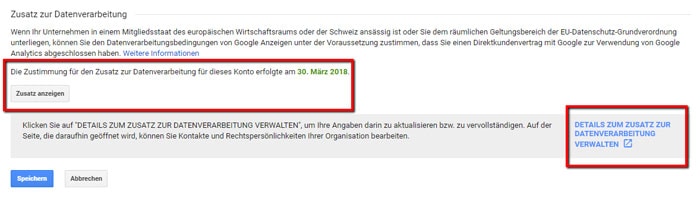 Zusatz zur Datenverarbeitung von Google Analytics akzeptieren