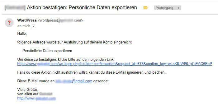 Bestätigungs-Mail zum Daten exportieren Bestätigungs-Mail zum Exportieren der Daten