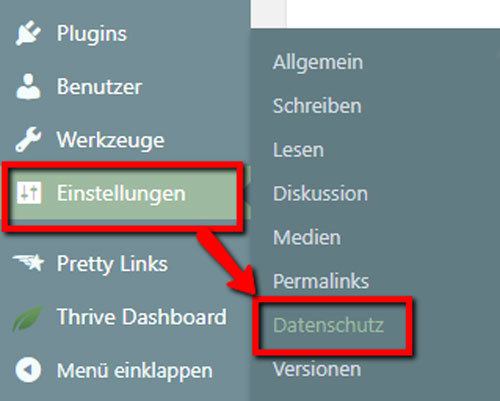 Datenschutz-Seite Datenschutz-Reiter unter WordPress-Einstellungen