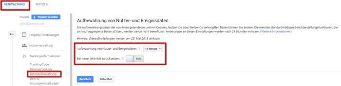 Google Analytics Speicherdauer einstellen