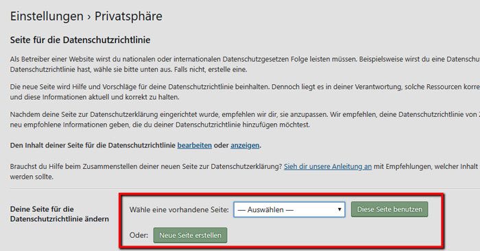Seite für Datenschutzerklärung Seite für Datenschutzerklärung festlegen