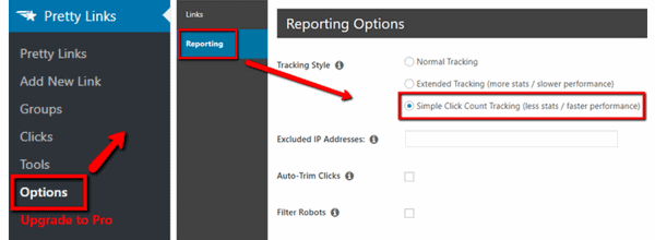 Einstellung der Optionen beim Pretty Links WordPress Plugin