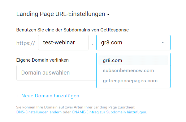 Subdomain-URL von GetResponse für Landingpages