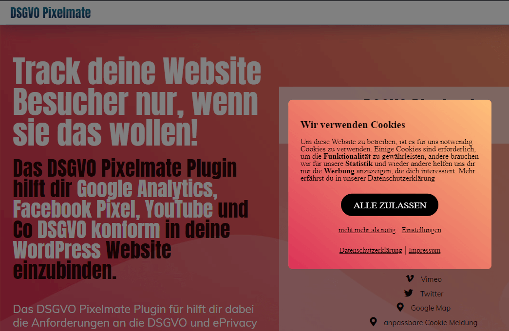 Das DSGVO Pixelmate Plugin Opt-In und Opt-out mit dem DSGVO Pixelmate WP Plugin