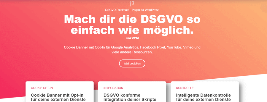 DSGVO Pixelmate - Plugin für WordPress Pixelmate - Plugin für Cookie Banner mit Opt-In für Google Analytics, Facebook Pixel, YouTube, Vimeo und mehr